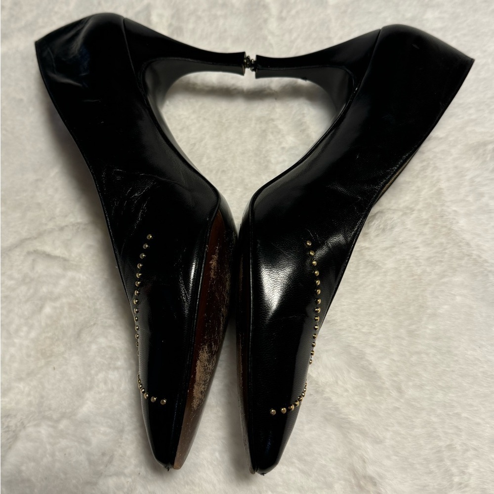 Vintage 80’s Stuart Weitzman Black Leather Gold Studded Heels Pumps Avante Garde - Picture 7 of 16